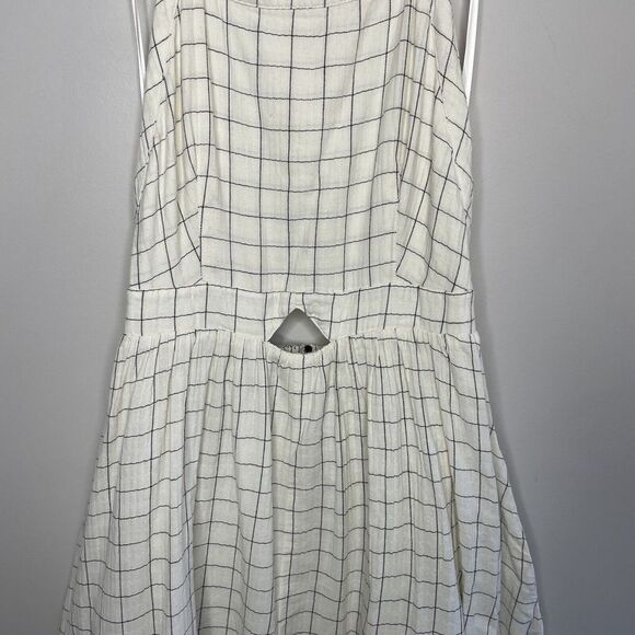 PAMELA LOVE Dress Womens Medium Plaid Halter Apron Midi Ivory Open Back Pockets - Picture 4 of 11